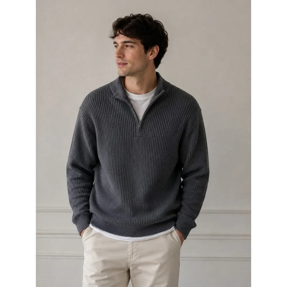Pact Mens Organic Cotton Quarter Zip Ribbed Sweater Charcoal Grey Medium NWT